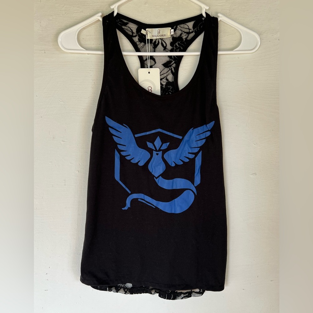 NWT Baluoke Pokémon Go Team Mystic Women’s Lace Back Black & Blue Tank Top Small